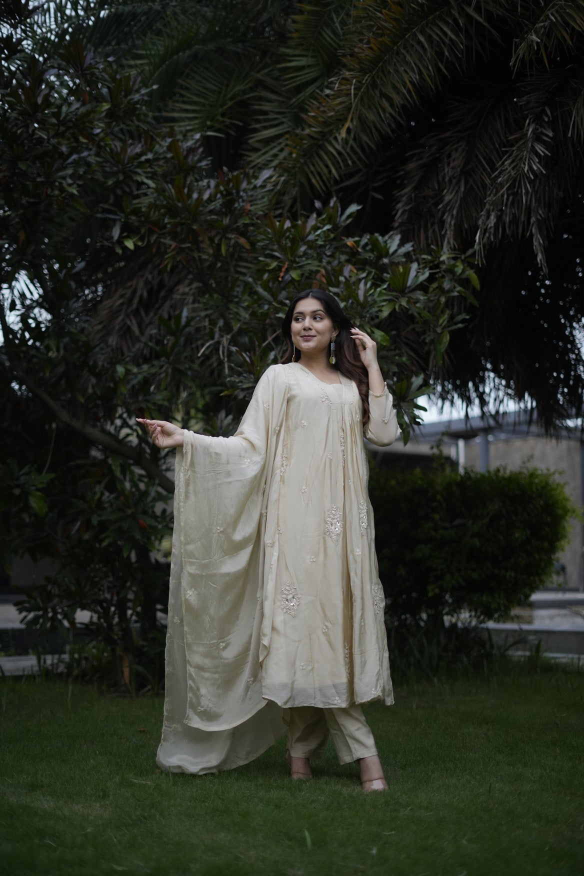 Champagne Floral Embroidered Suit Set