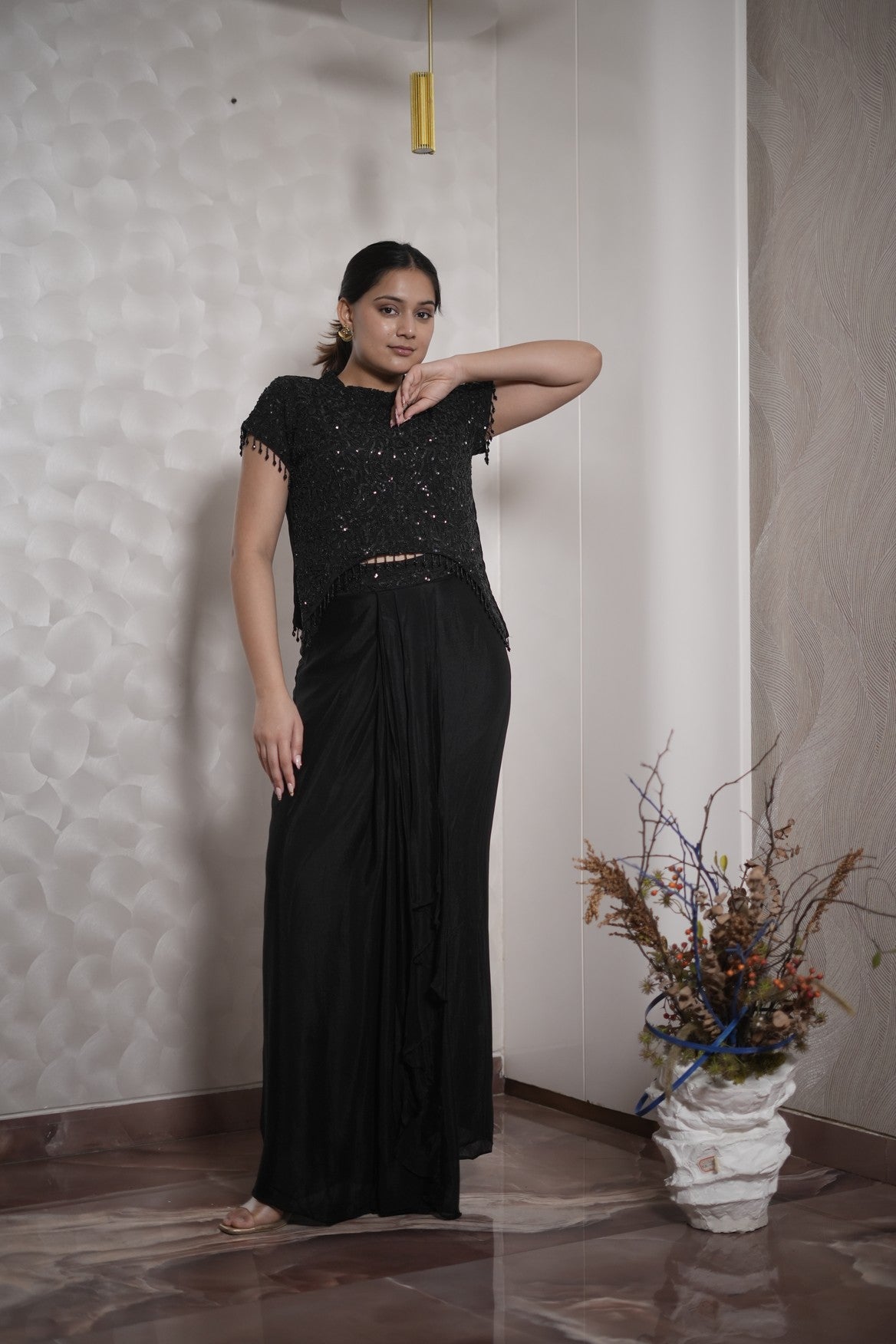 Black Sequin Crop Top Skirt Set
