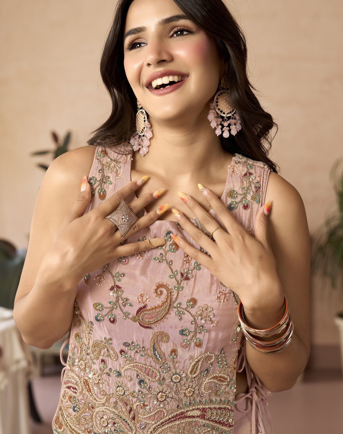 Blush Bloom Embroidered Overlay Palazzo Set