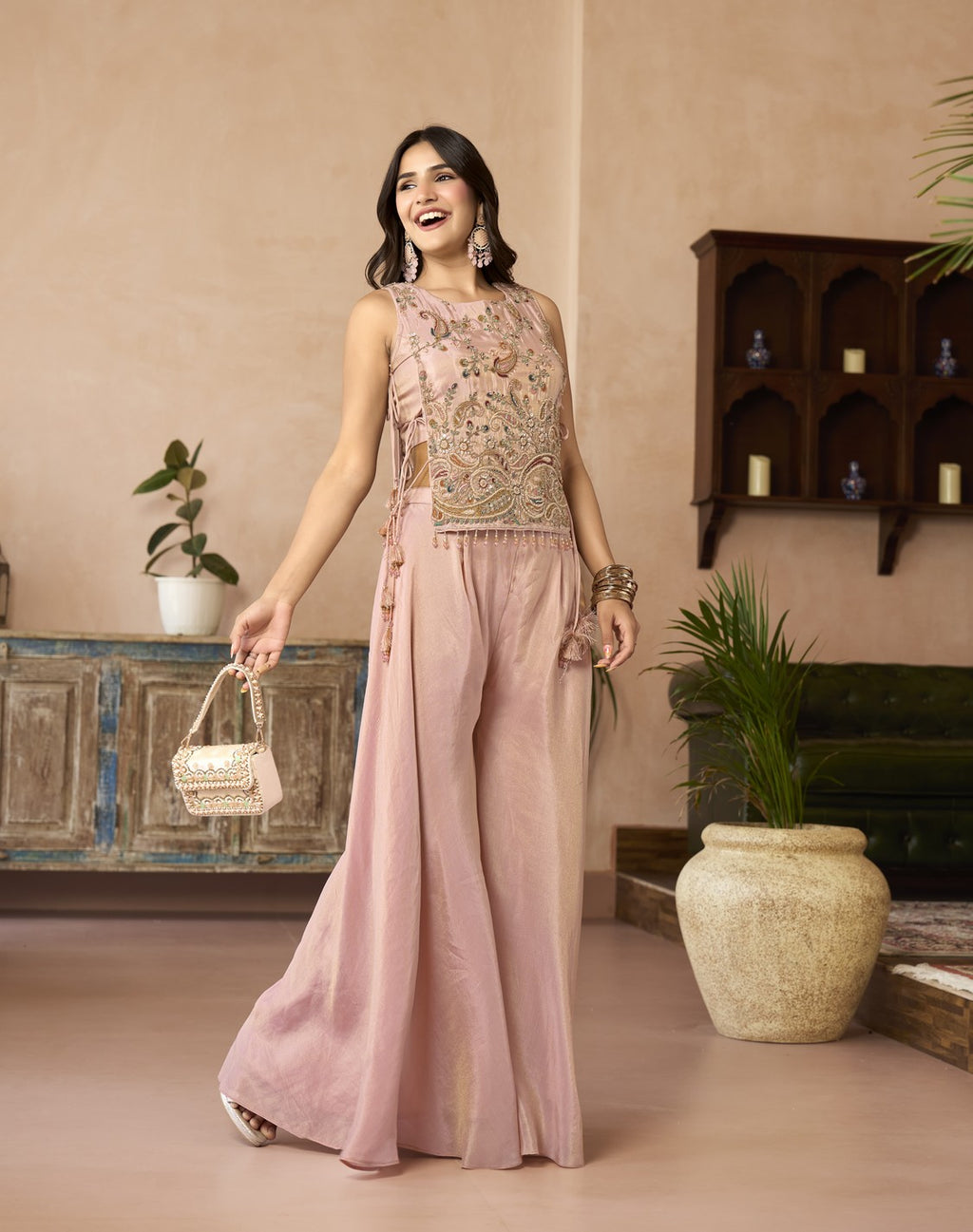 Blush Bloom Embroidered Overlay Palazzo Set