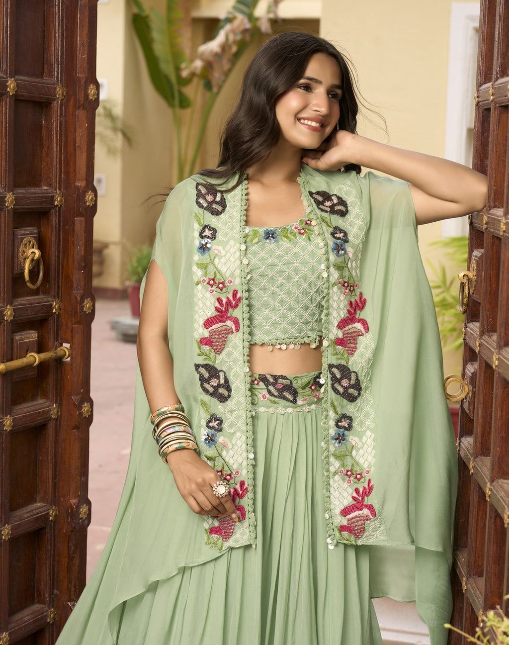 Embroidered Lehenga Set With Cape
