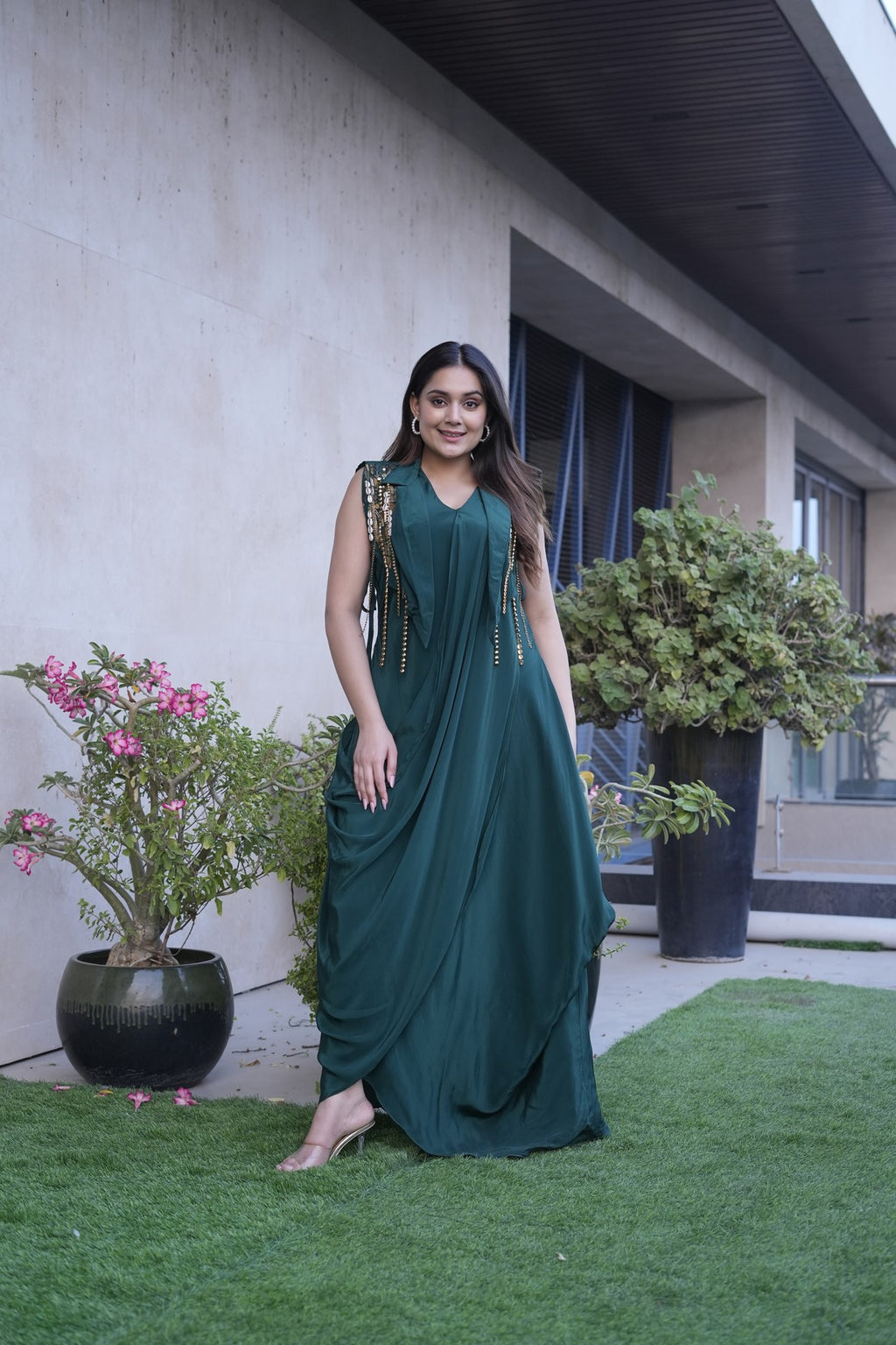 Emerald Grace Pleated Drape Dress