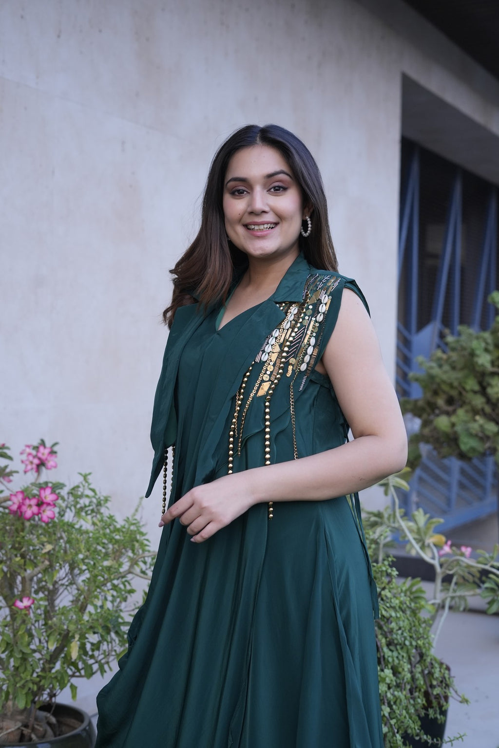 Emerald Grace Pleated Drape Dress