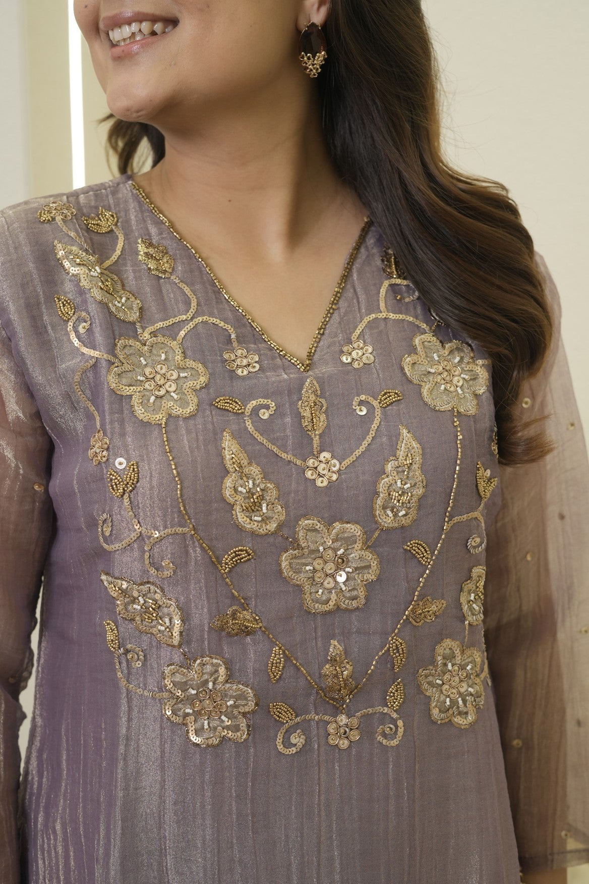Mauve  Floral Embroidered Peplum Palazzo Set