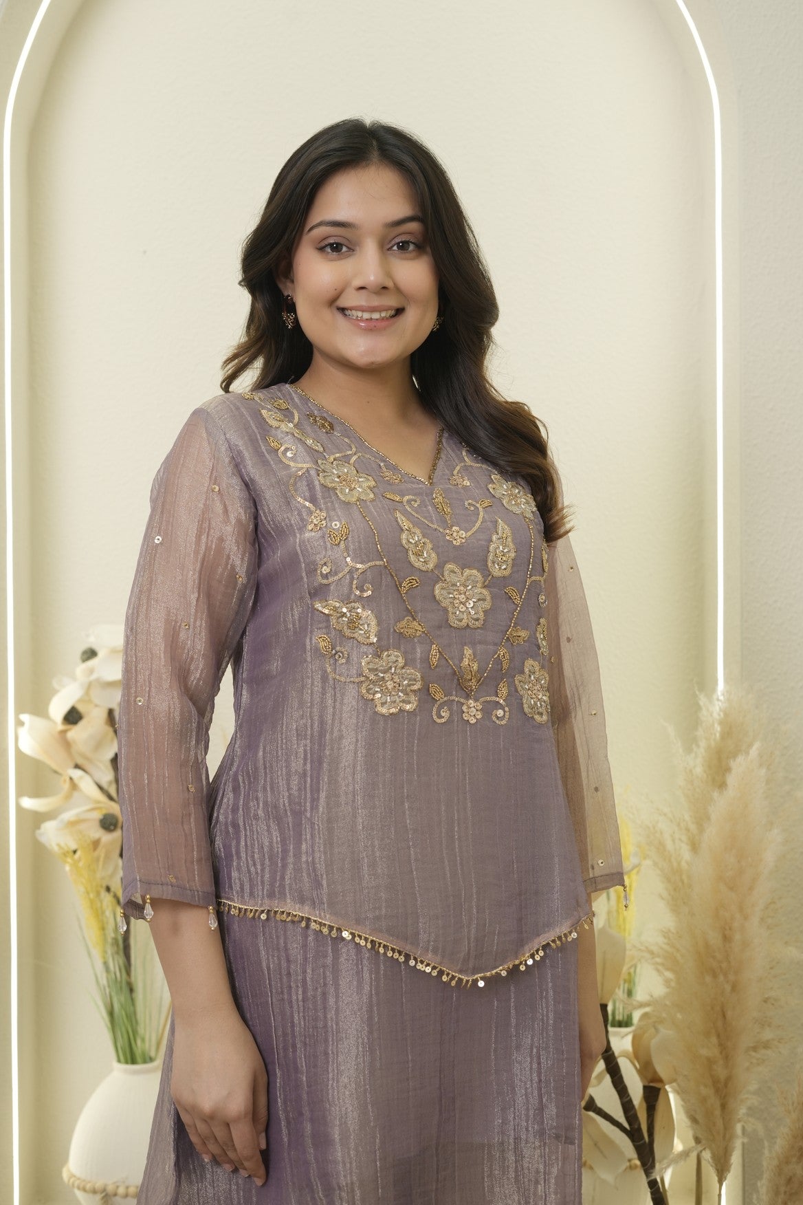 Mauve  Floral Embroidered Peplum Palazzo Set