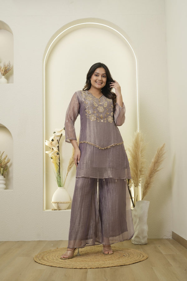 Mauve  Floral Embroidered Peplum Palazzo Set