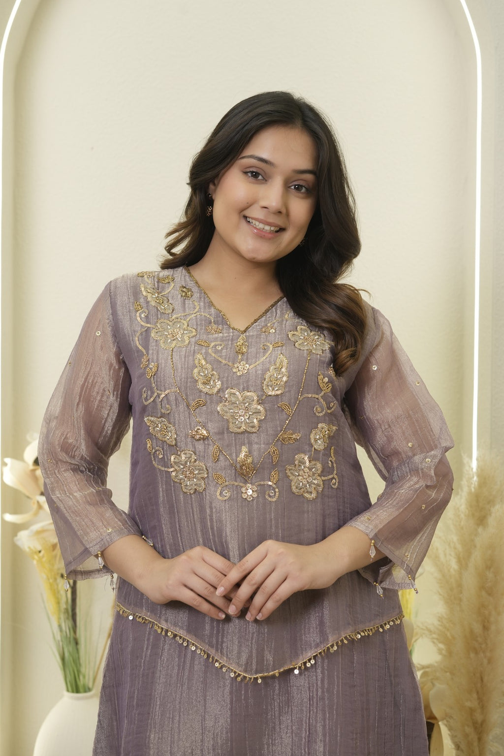 Mauve  Floral Embroidered Peplum Palazzo Set