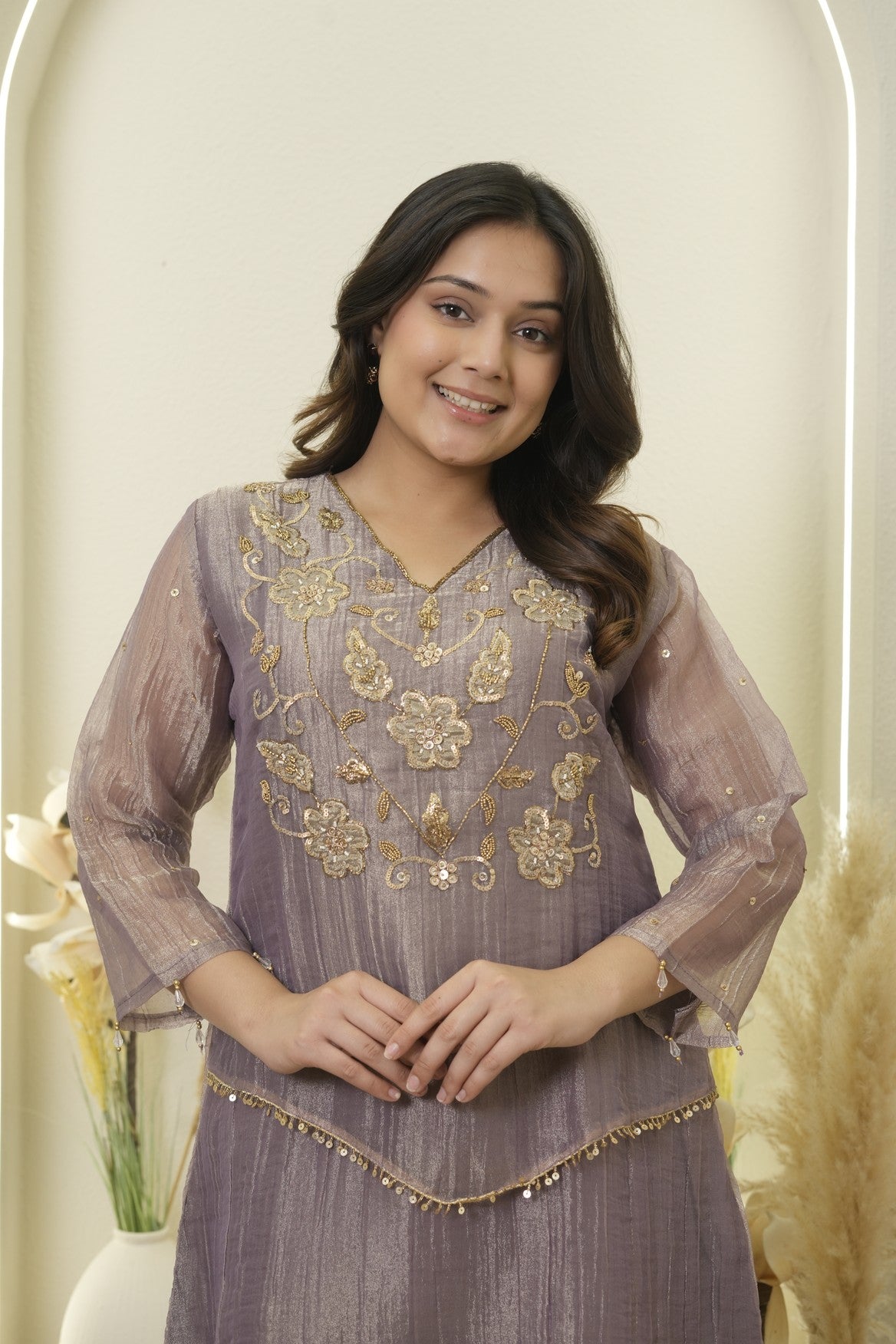 Mauve  Floral Embroidered Peplum Palazzo Set