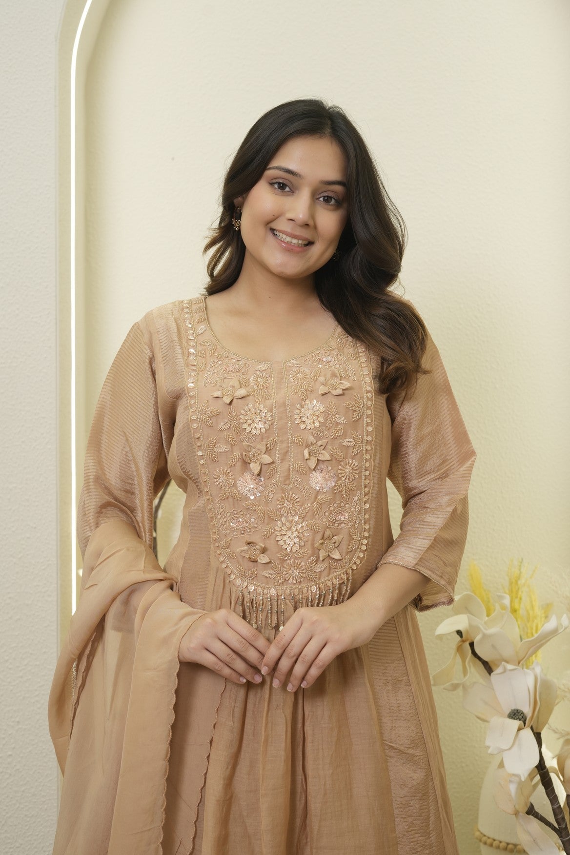 Champagne Floral Embroidery Anarkali Kurta Set
