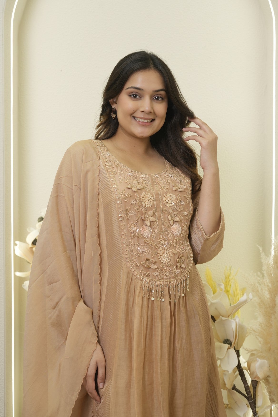 Champagne Floral Embroidery Anarkali Kurta Set
