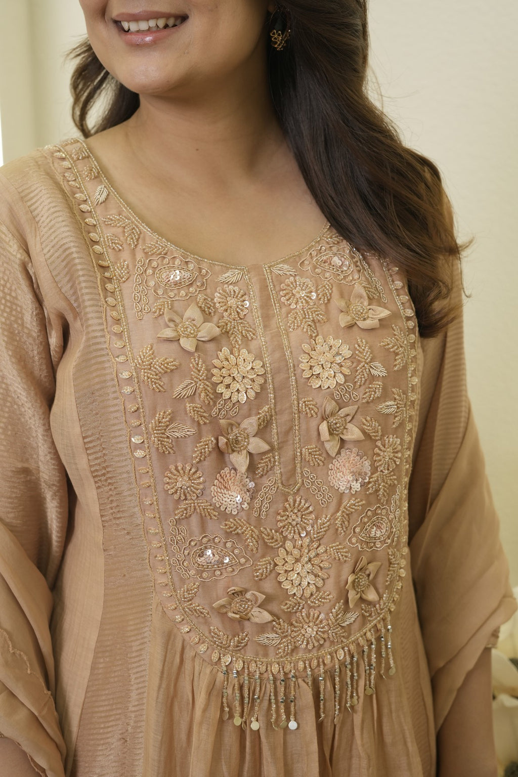 Champagne Floral Embroidery Anarkali Kurta Set
