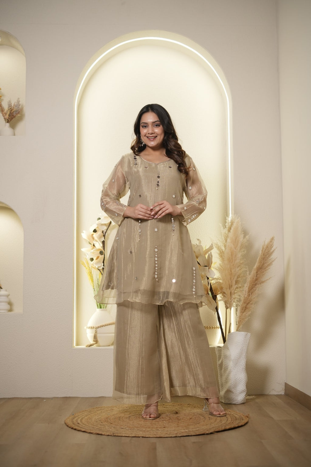 Champagne Organza Mirror Work Co-Ord Set