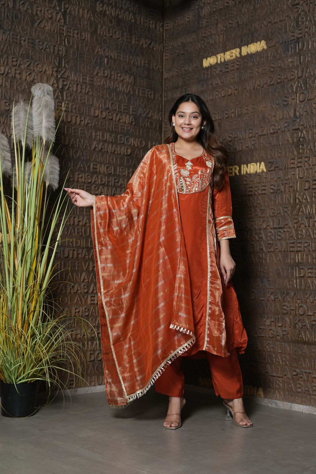 Rust Orange Glow Gold Embroidered Kurta Set