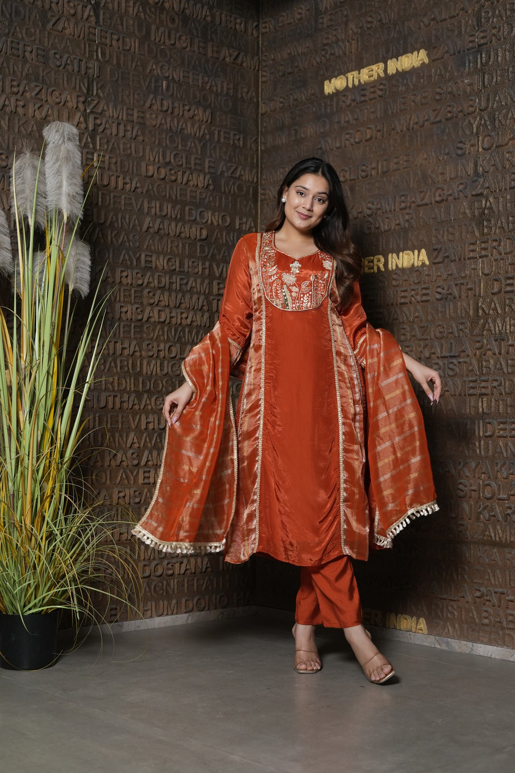 Rust Orange Glow Gold Embroidered Kurta Set