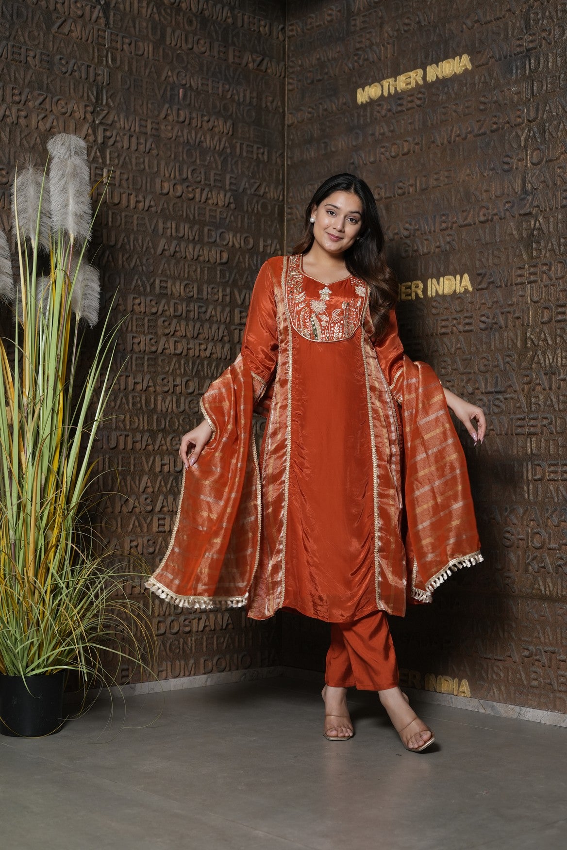 Rust Orange Glow Gold Embroidered Kurta Set