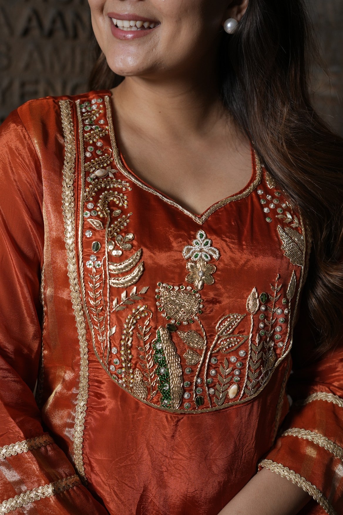 Rust Orange Glow Gold Embroidered Kurta Set