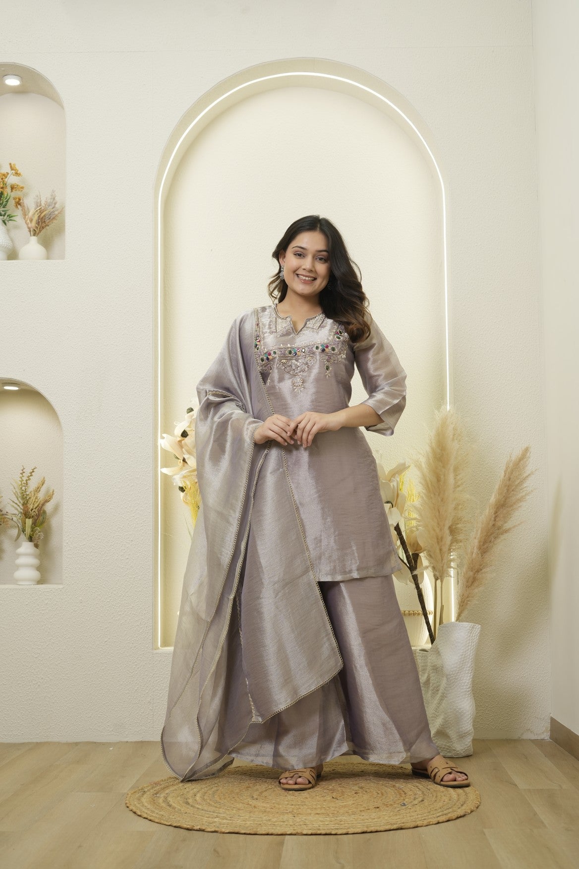 Lilac Shimmer Embroidered Palazzo Suit