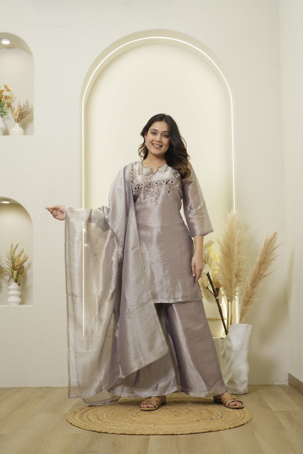 Lilac Shimmer Embroidered Palazzo Suit
