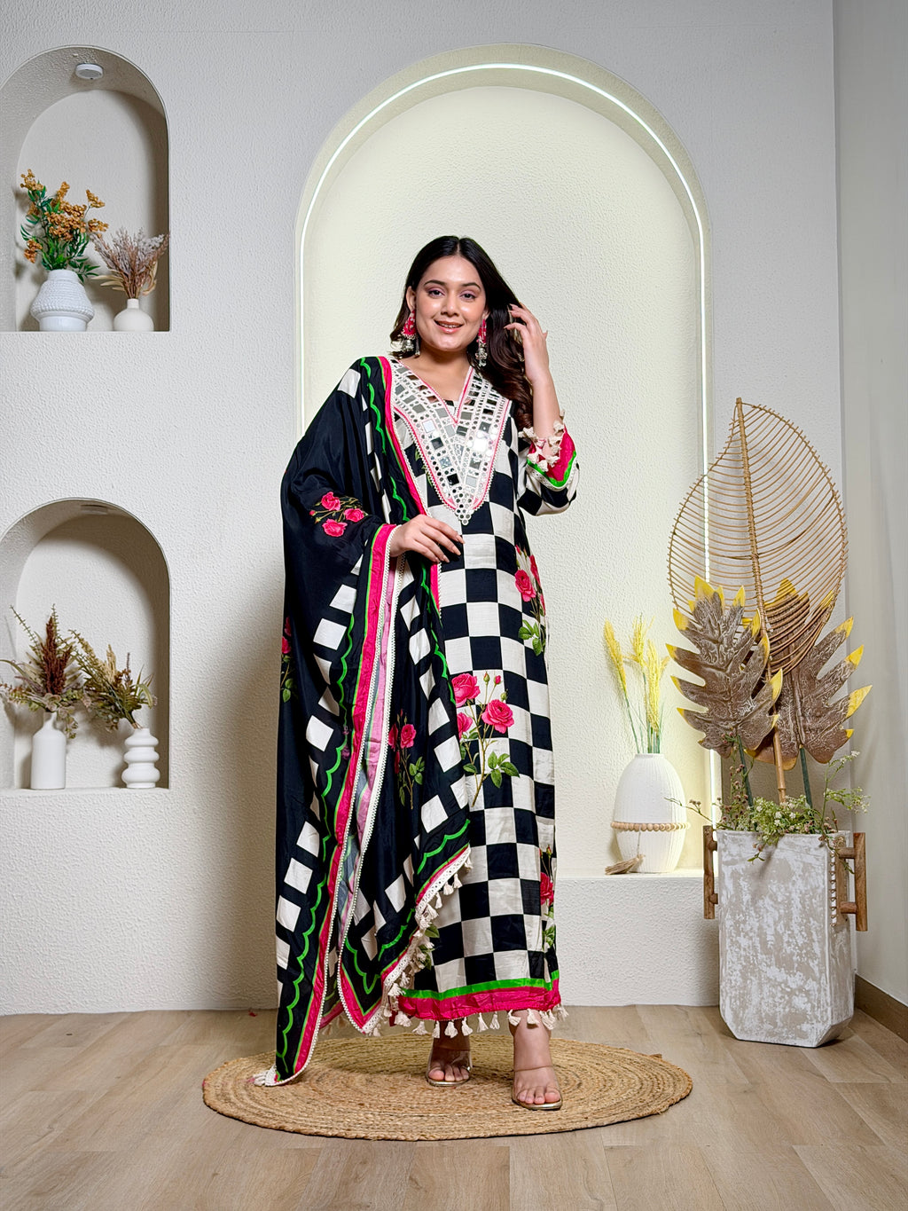 Checkered Elegance Floral Suit Set