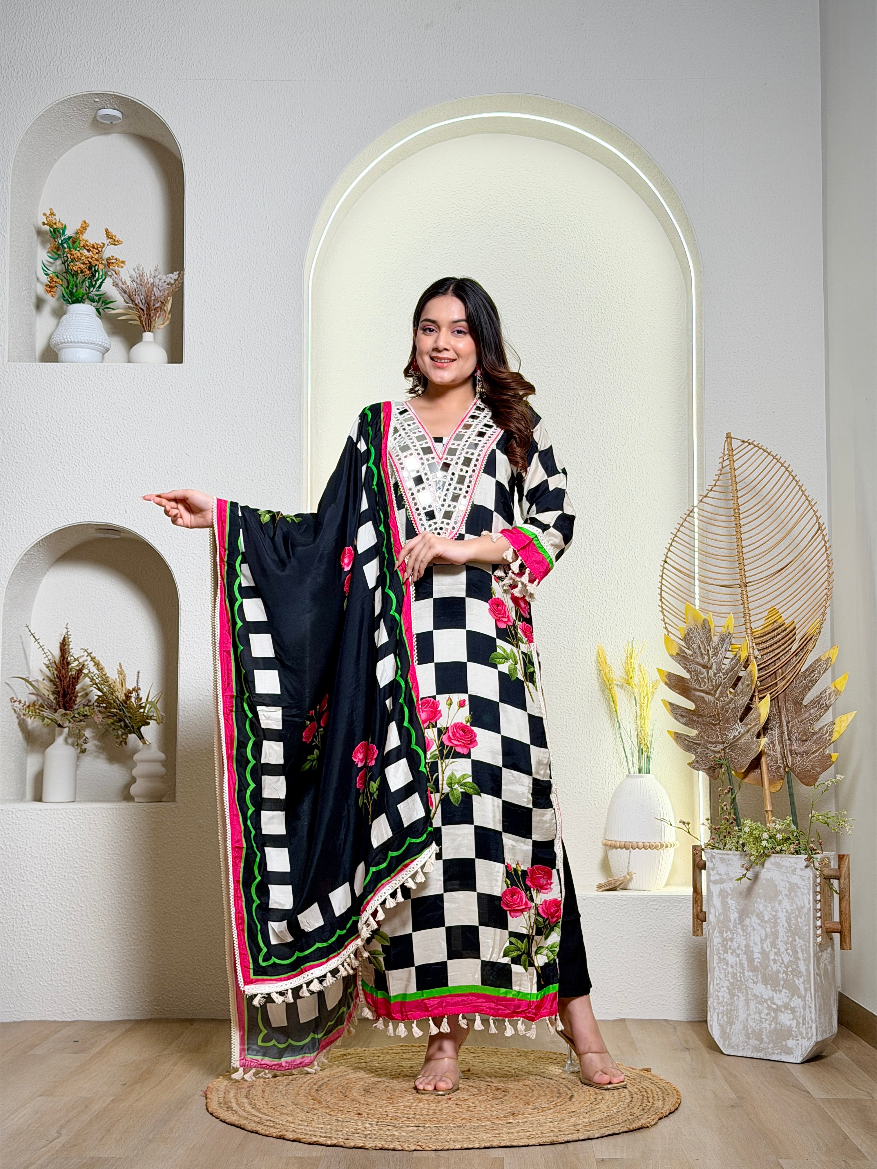 Checkered Elegance Floral Suit Set