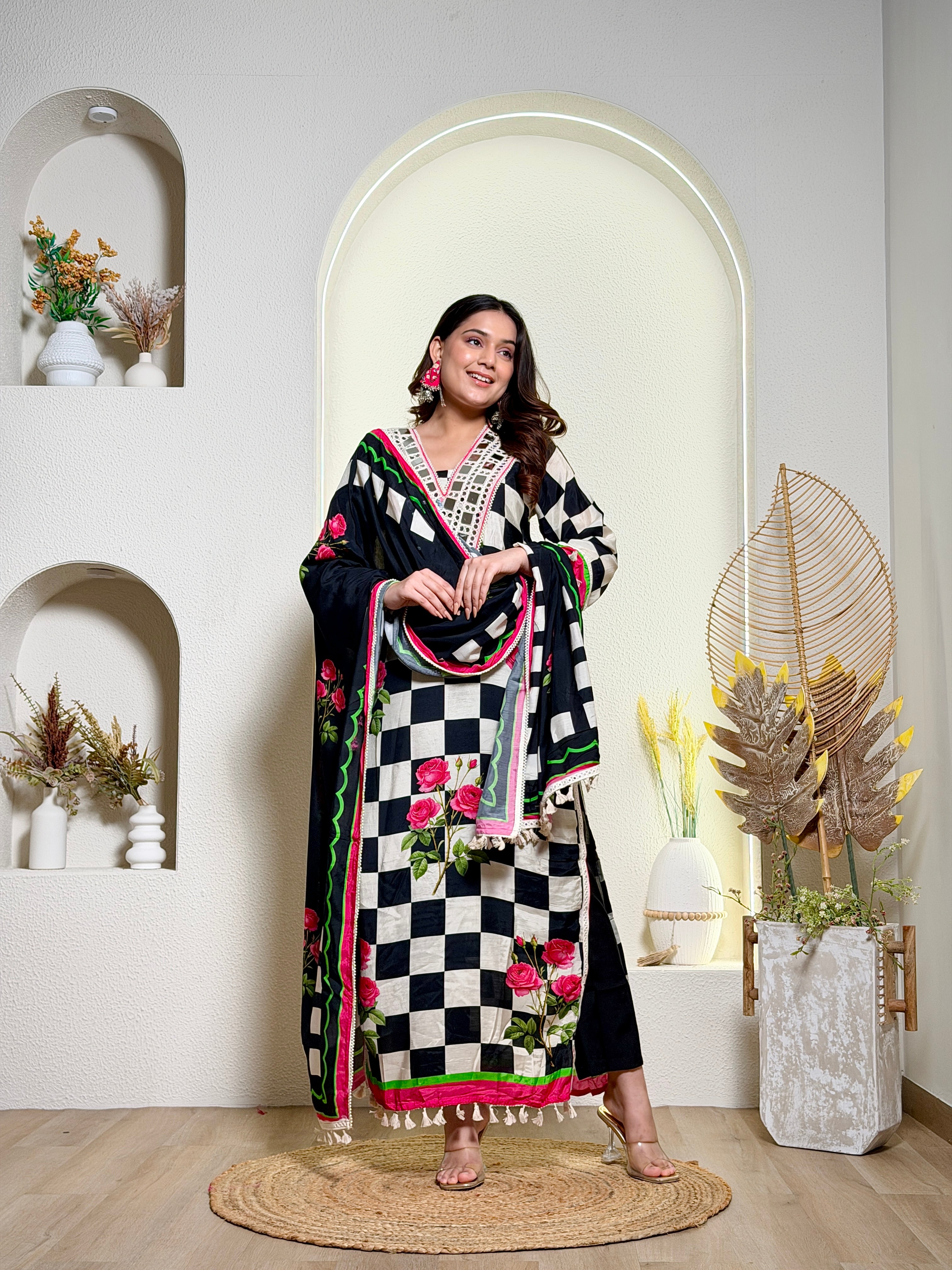 Checkered Elegance Floral Suit Set
