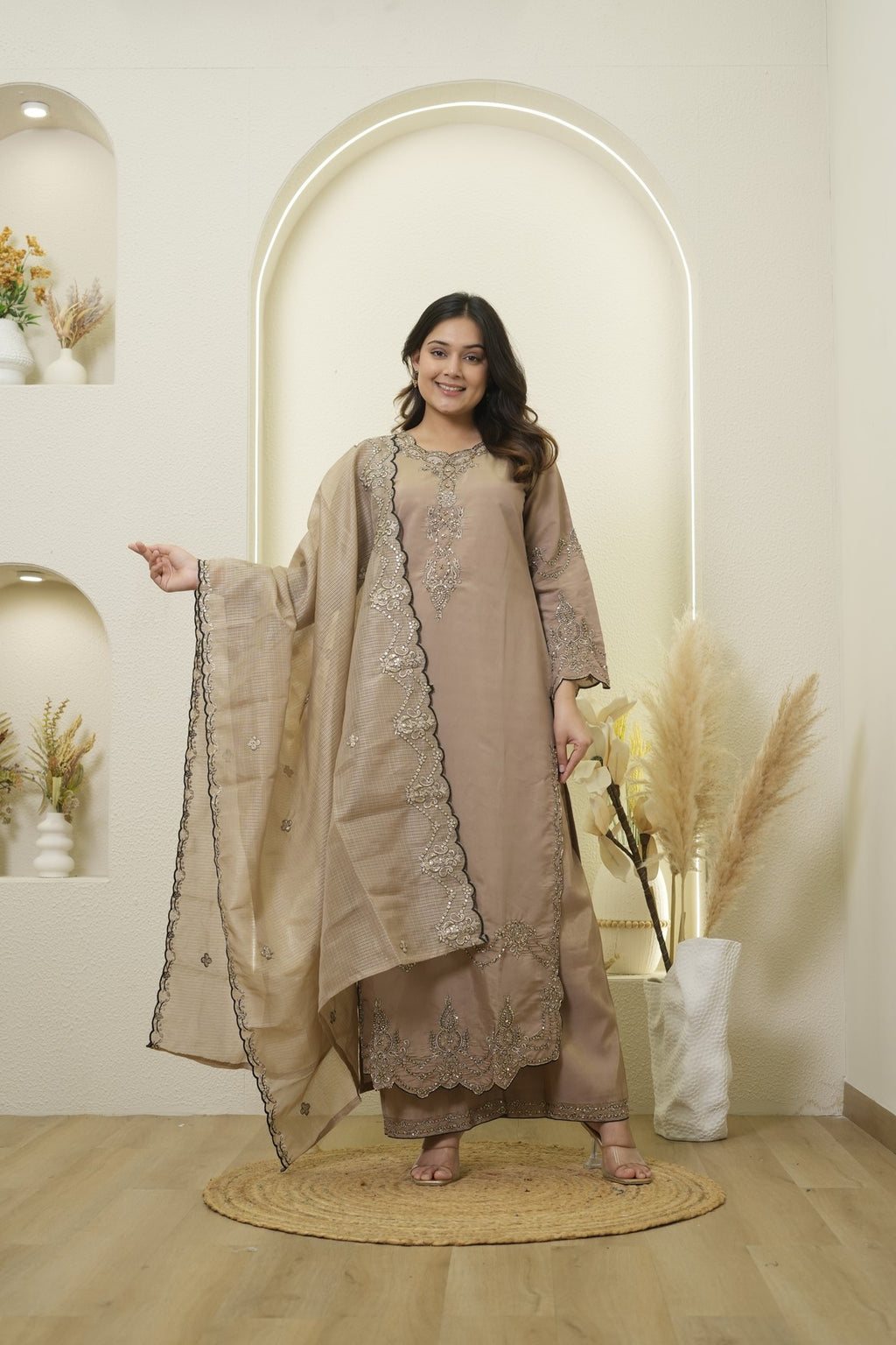 Taupe Beige Embroidered Palazzo Set