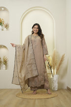 Taupe Beige Embroidered Palazzo Set