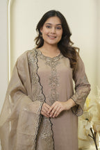 Taupe Beige Embroidered Palazzo Set