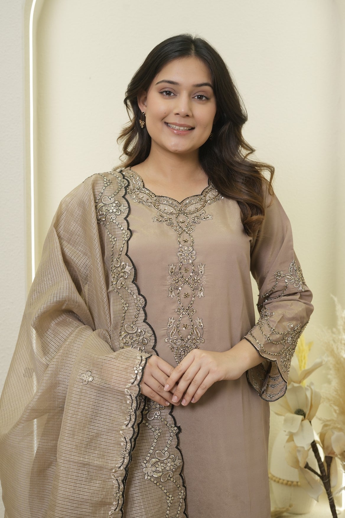 Taupe Beige Embroidered Palazzo Set