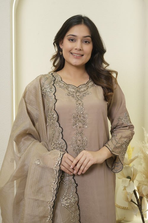 Taupe Beige Embroidered Palazzo Set