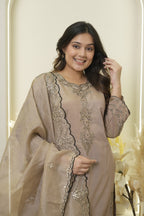 Taupe Beige Embroidered Palazzo Set