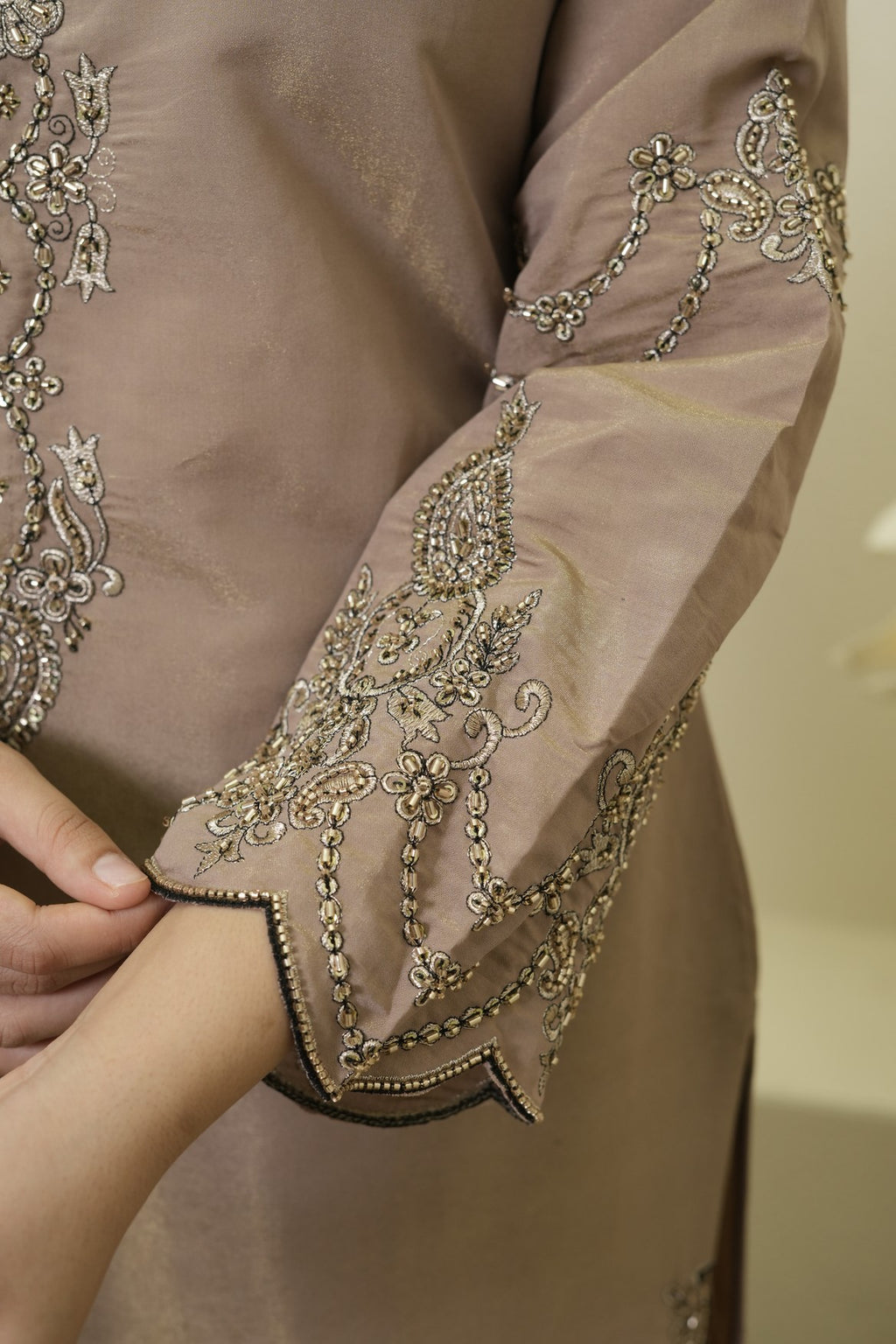 Taupe Beige Embroidered Palazzo Set
