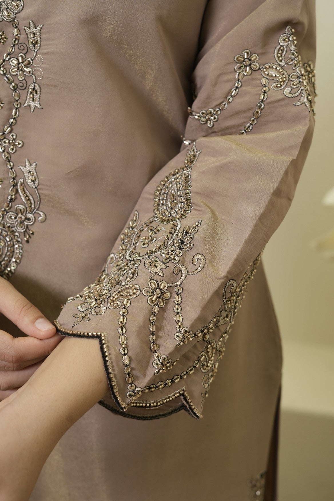 Taupe Beige Embroidered Palazzo Set