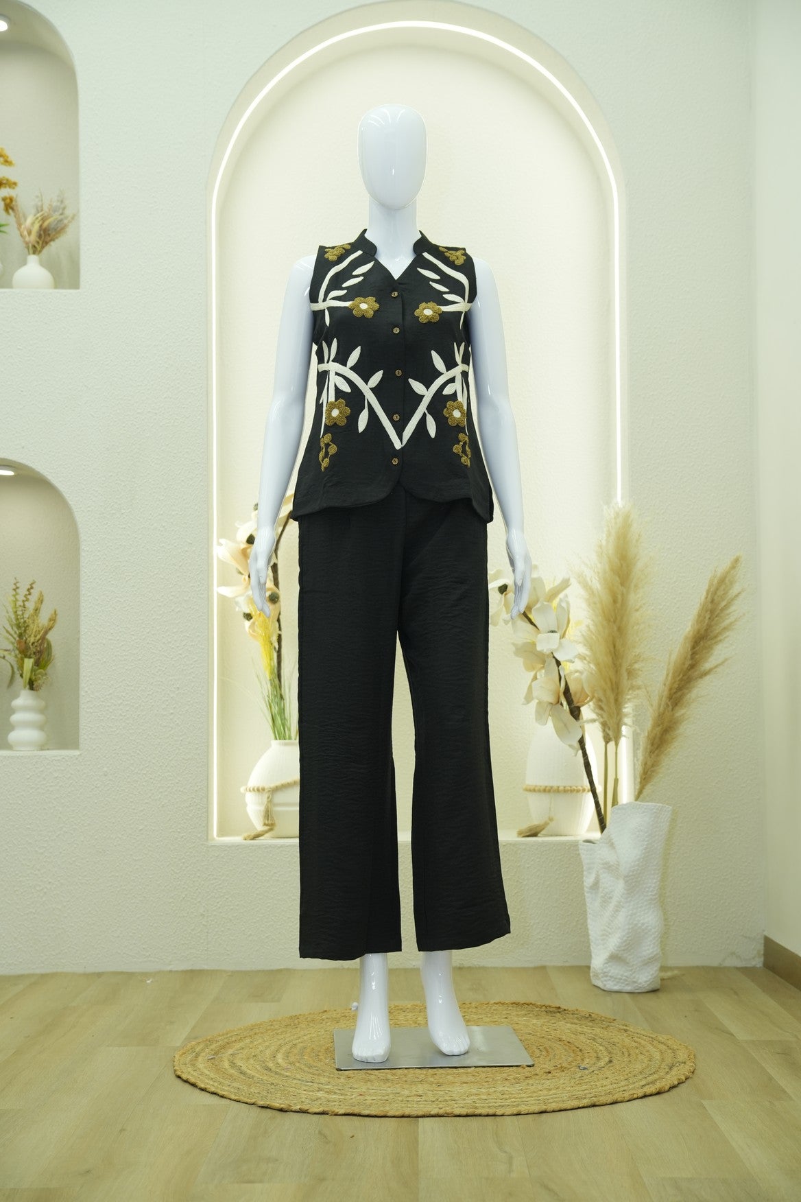 Black Floral Embroidered Waistcoat Co-Ord Set