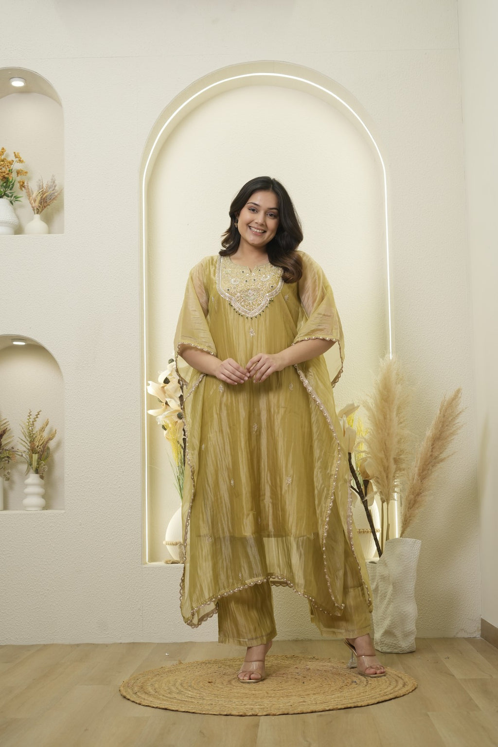 Mustard Pearl Border Embroidered kaftan set