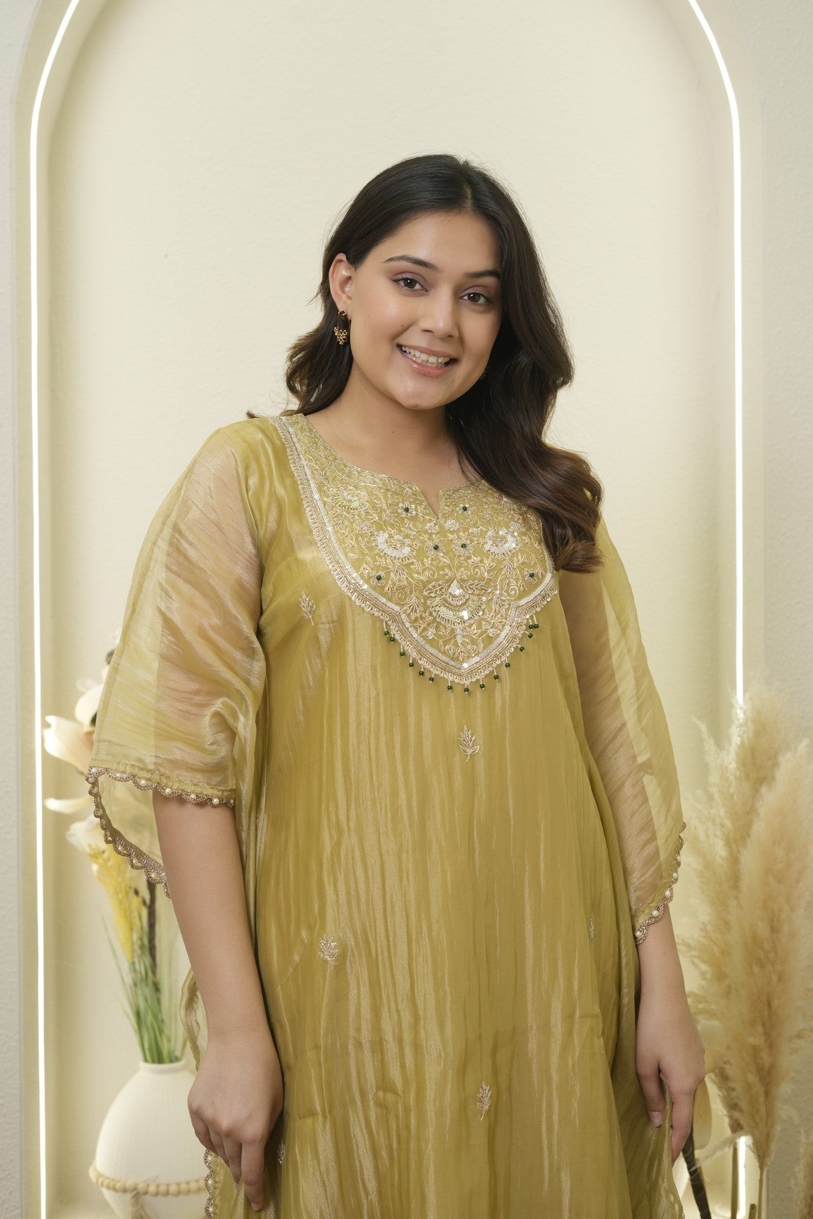 Mustard Pearl Border Embroidered kaftan set