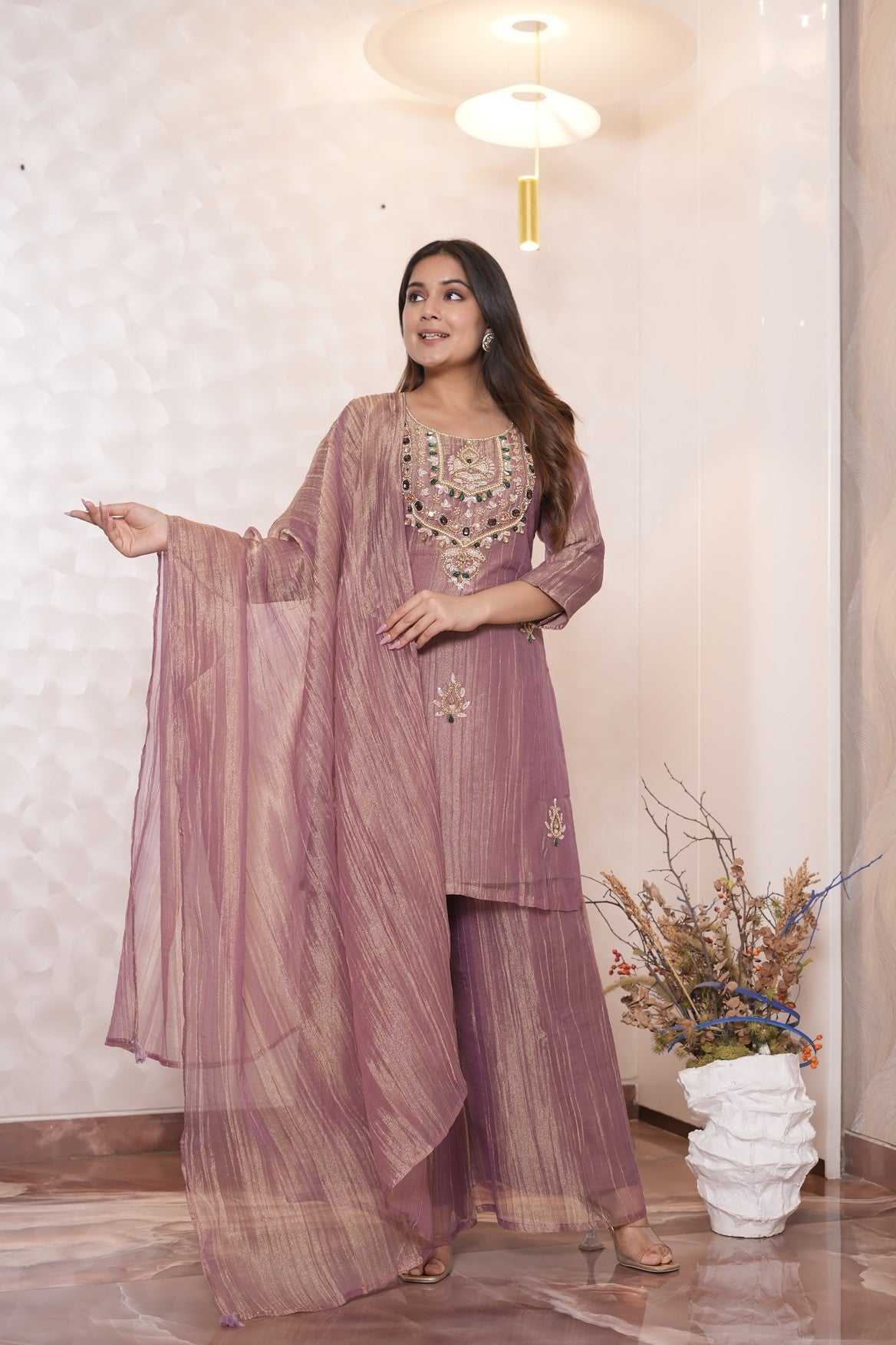Dusty mauve Embroidered Jacquard Kurta Set