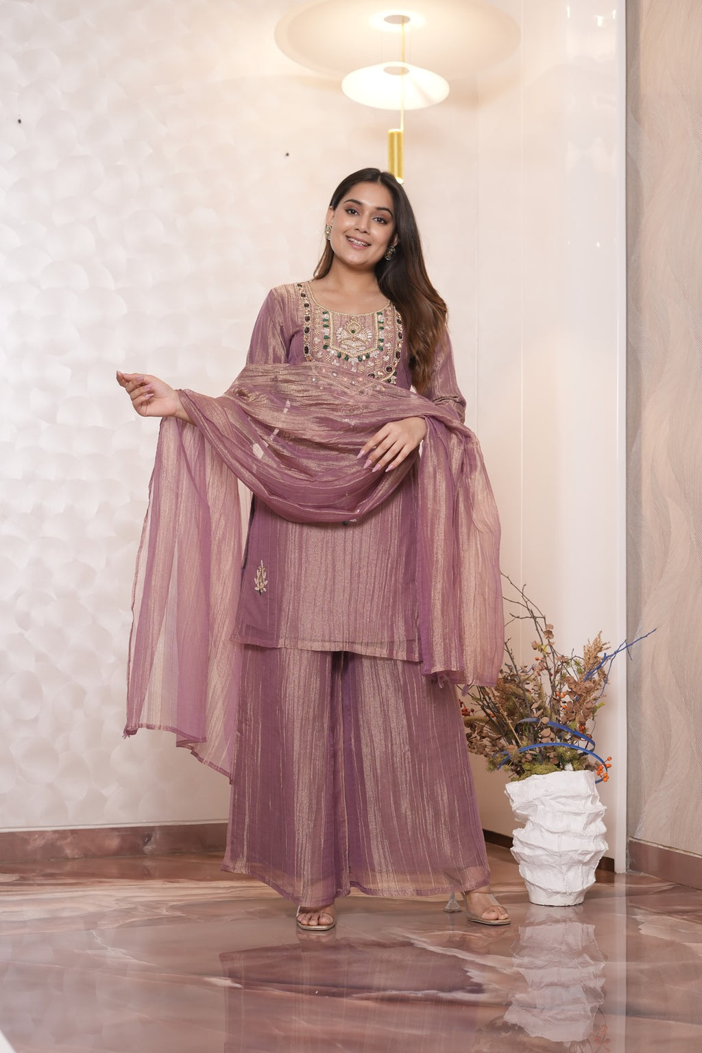 Dusty mauve Embroidered Jacquard Kurta Set