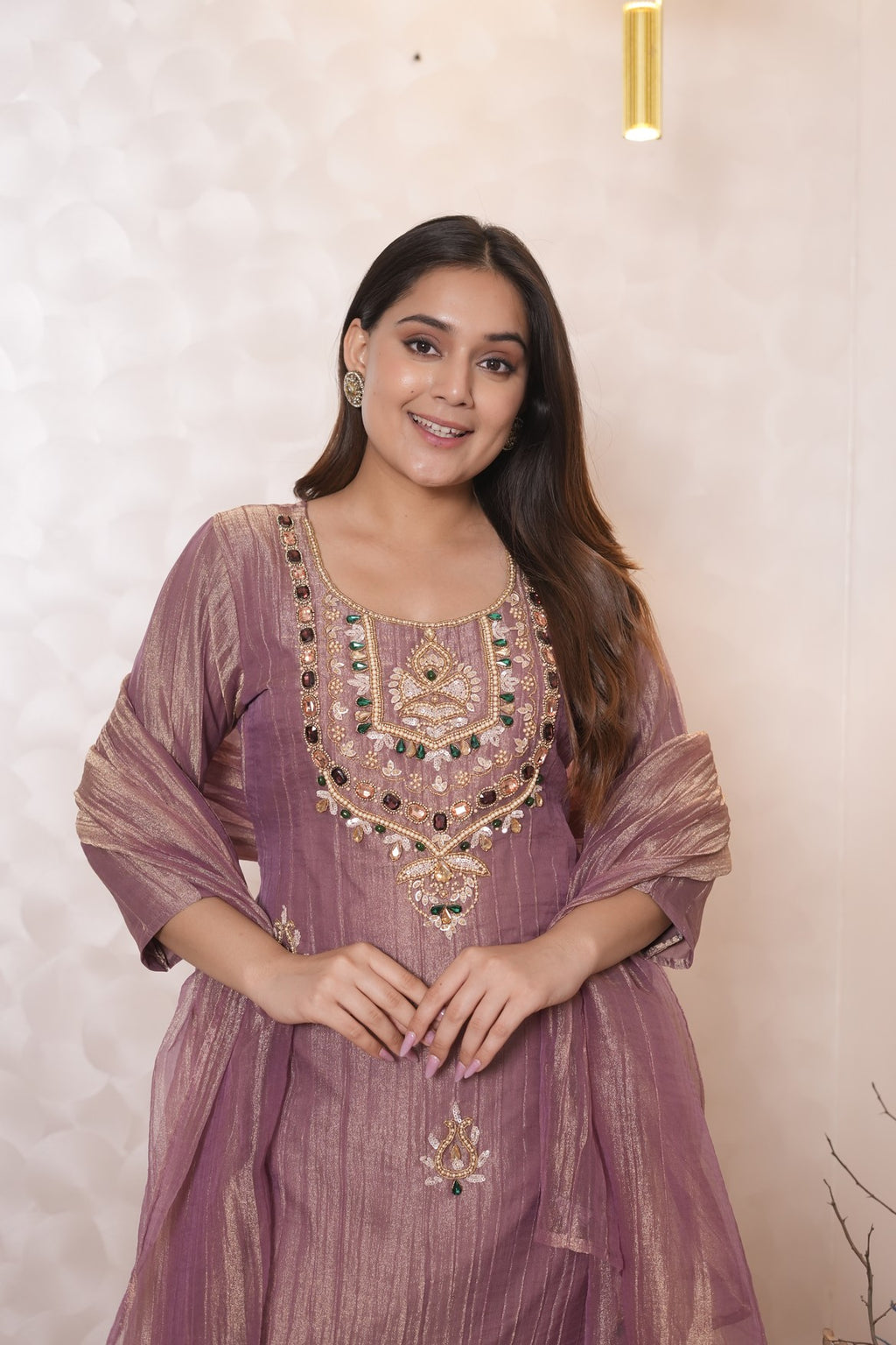 Dusty mauve Embroidered Jacquard Kurta Set