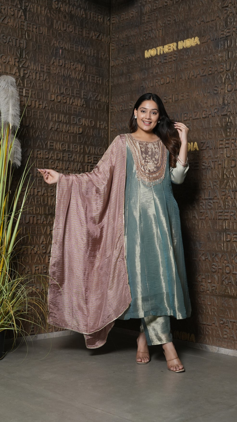 Teal & Blush Metallic Anarkali Set