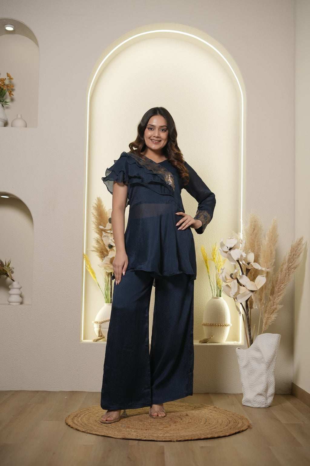 Navy Ruffle Peplum Co-Ord Set
