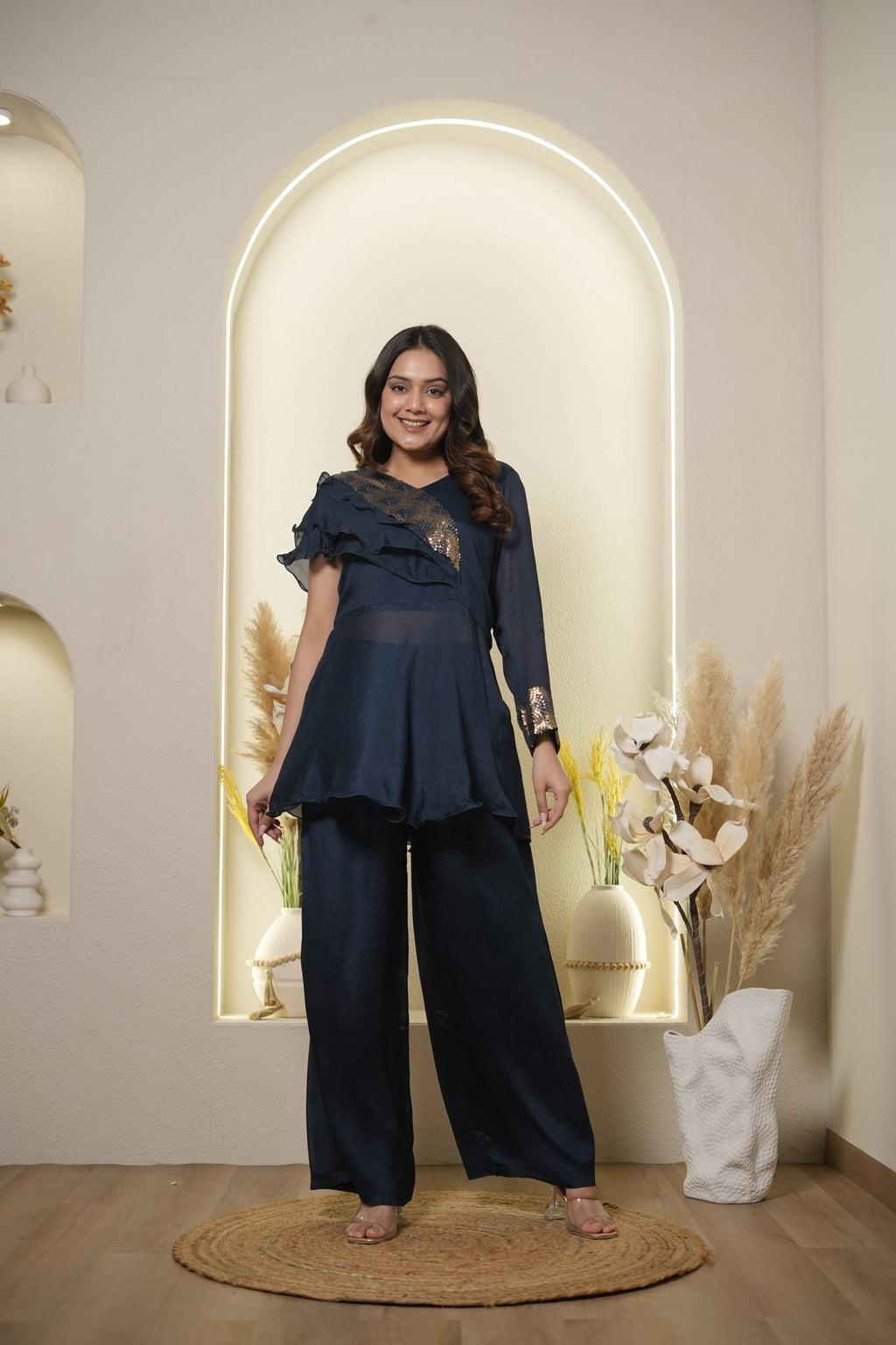 Navy Ruffle Peplum Co-Ord Set