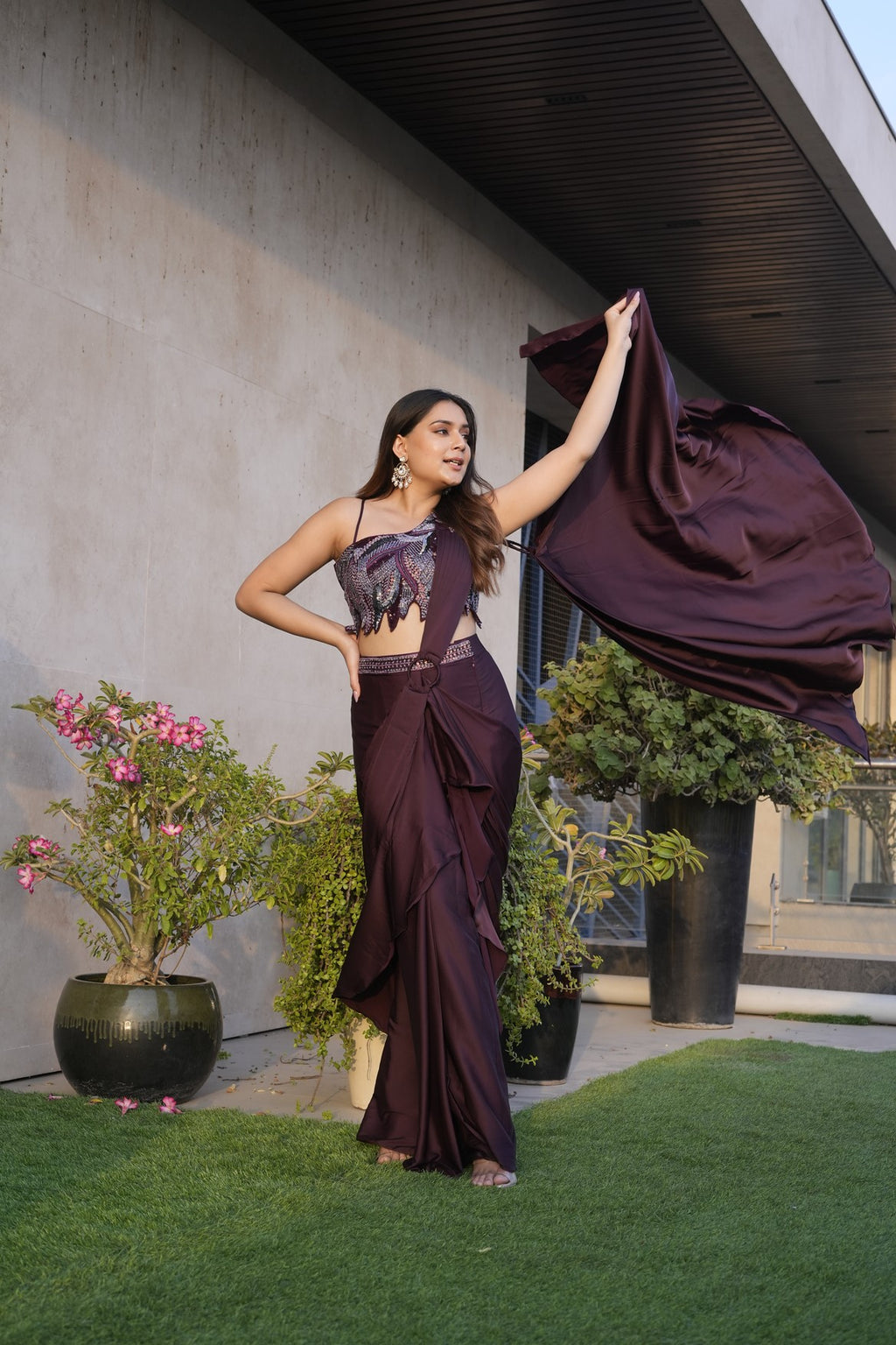 Royal Wine Embroidered Fusion Saree Look