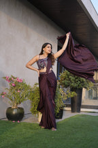 Royal Wine Embroidered Fusion Saree Look