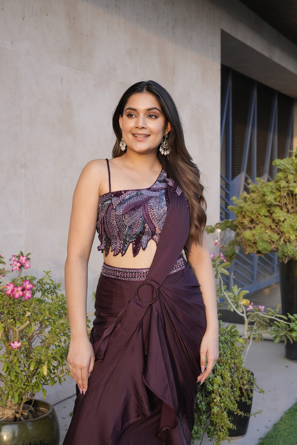 Royal Wine Embroidered Fusion Saree Look