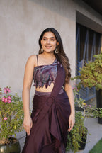 Royal Wine Embroidered Fusion Saree Look