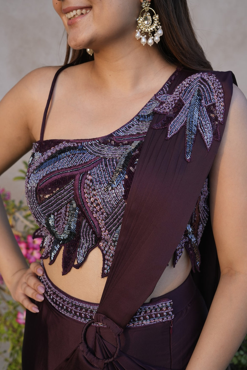Royal Wine Embroidered Fusion Saree Look