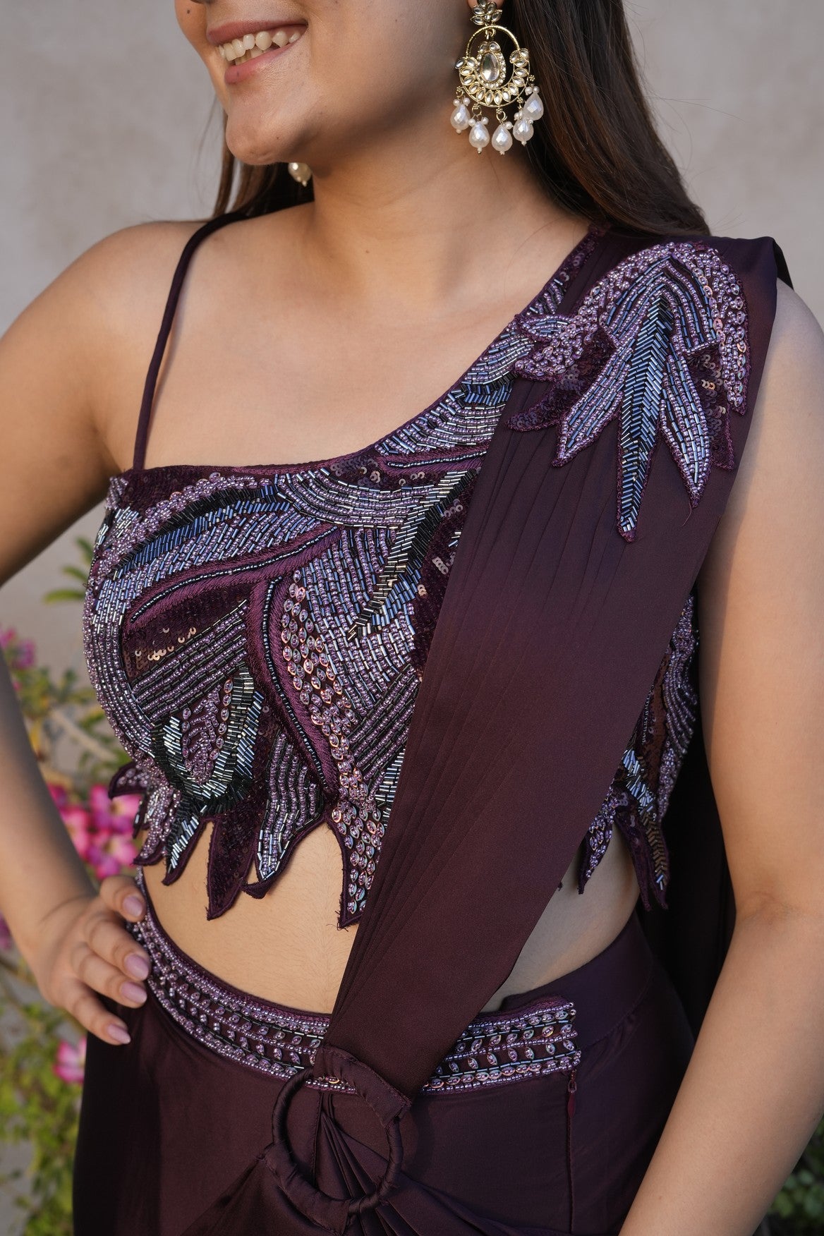 Royal Wine Embroidered Fusion Saree Look