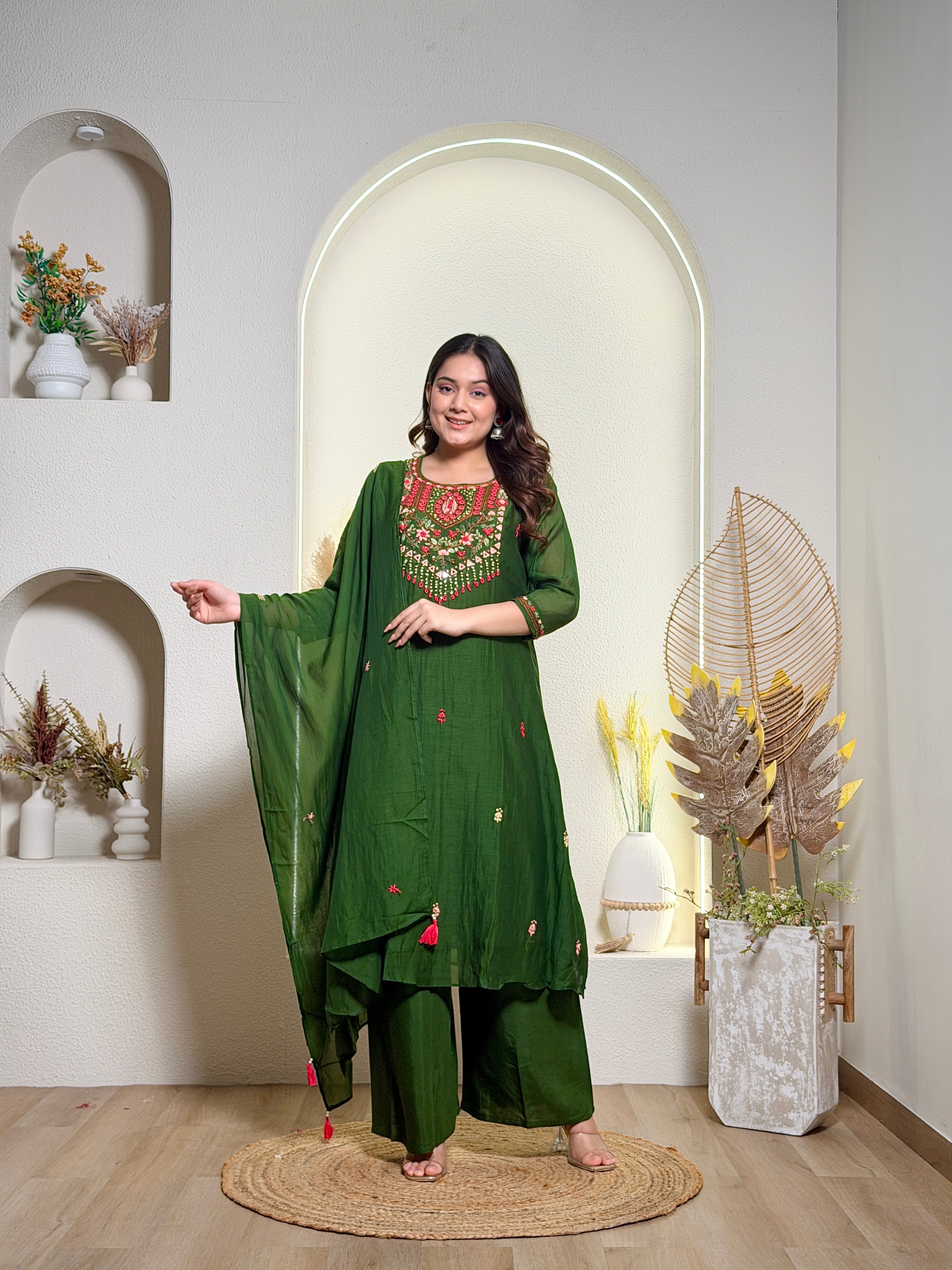 Mehendi Green Mirror Work Kurta Set