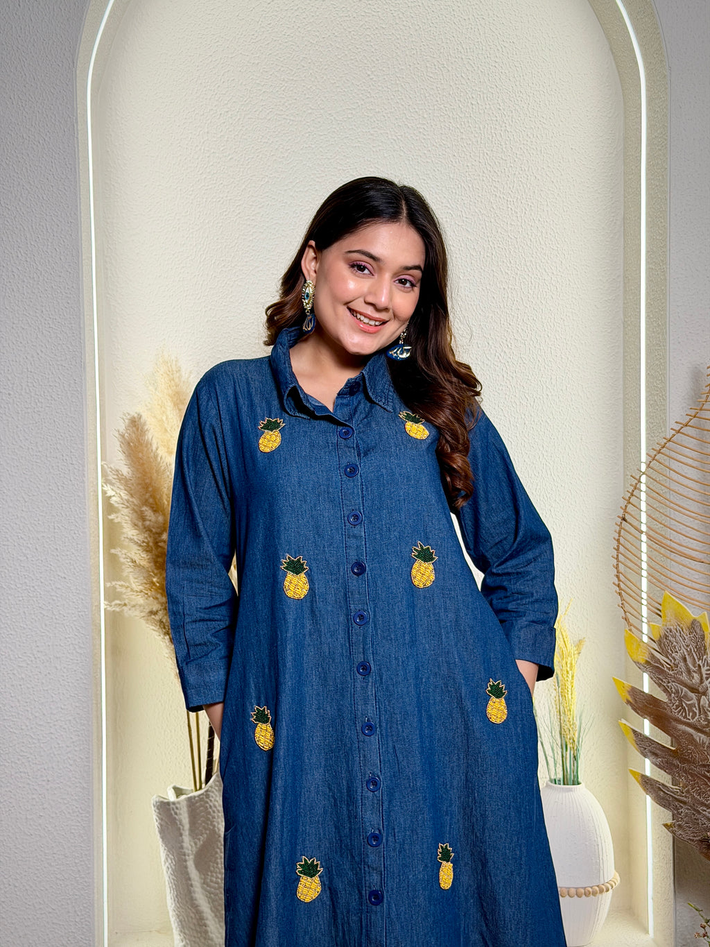 Denim Blue Pineapple Embroidered Shirt Dress